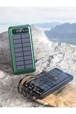 Solar 10.000 Mah Güneş Enerjili Led Işıklı Powerbank Şarj Aleti 2x Usb Çıkışlı Çoklu Kablolu Kahverengi