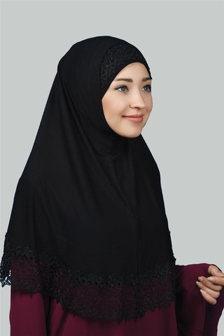 Altobeh İkili Set Dantelli Pratik Eşarp Hazır Hijab ve Tesettür Bonesi XL - Siyah