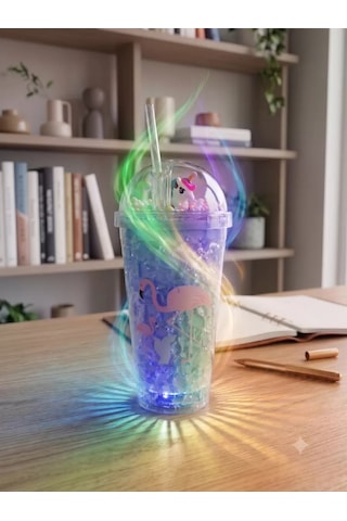 Işıklı Unicorn Ve Flamingo Desenli Çift Katmanlı Jel Buzlu Pipetli Bardak - 450ml - Renk Değiştiren Led Tabanlı Belirtilmemiş
