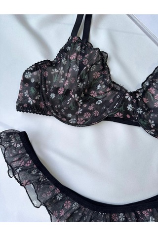 Siyah Çiçek Detaylı Balenli Bralet Sütyen Set Siyah