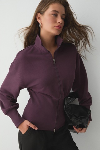 ETHIQUET VIVA DI Kadın Organik Pamuklu Beli Korseli Fermuarlı Mor Sweatshirt