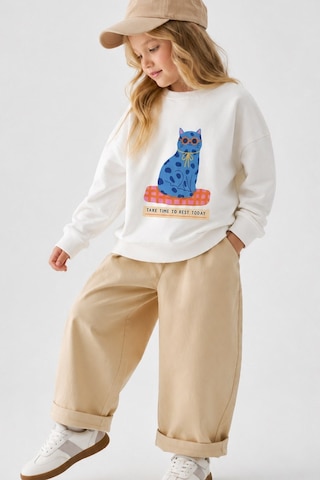 Monila Kız Çocuk 3 İplik Kumaş Pamuklu Mavi Kedi Baskılı Sweatshirt Ekru