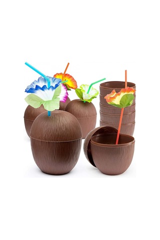 Hindistan Cevizi Hawaii Luau Aloha Pipetli İçecek Kabı Bardak 10x13 Cm 1 Adet Evimdeyokyok Çok Renkli