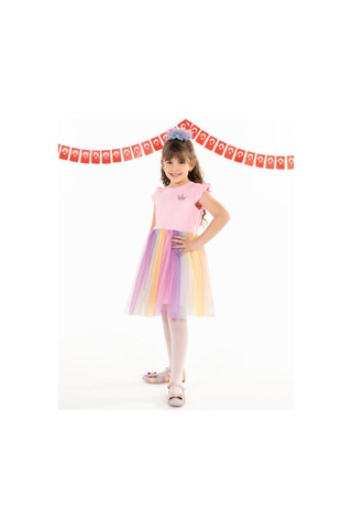 Civil Girls Renkli Tüllü Kaşkorse 4-9 Yaş Elbise Pembe