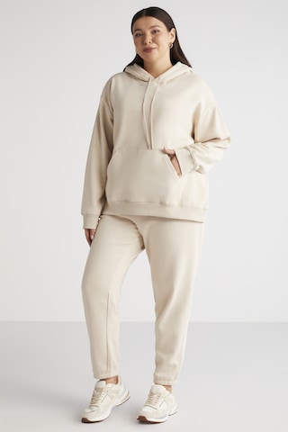 ETHIQUET TEREZABB Kadın Içi Polarlı Yumuşacık Comfort Fit Kapüşonlu Kanguru Cep Bej Büyük Beden Sweatshirt