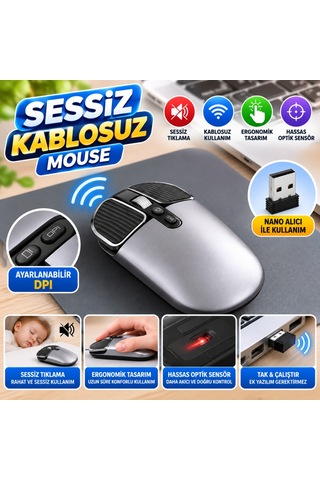 Bezos Sessiz Kablosuz Mouse Wireless Optik Mouse, Sessiz Tıklama, Ergonomik Tasarım Krt