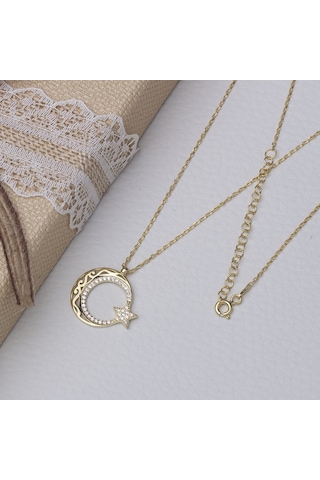 Ayyıldız Zirkon Taşlı Otantik Desenli Gold Rengi 925 Ayar Gümüş Kadın Kolye Gold