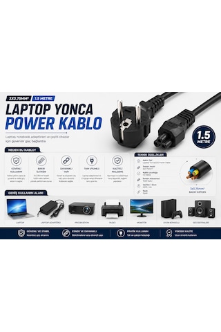 Laptop Yonca C5 Güç Kablosu 1.5 M 3 0.75 Mm²