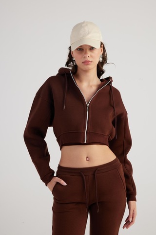 Holly Lolly Kadın Kahverengi Kapüşonlu Uzun Kol Fermuarlı Crop Mixed Sweat Kahve