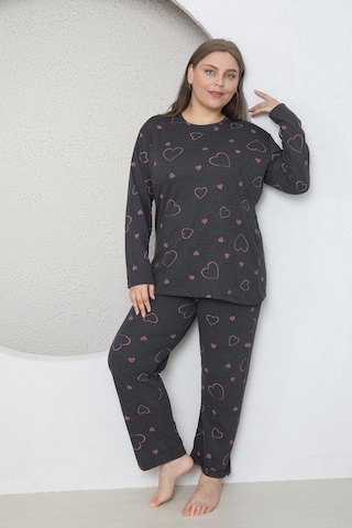 Fames Pijama Büyük Beden Kalp Desenli Mevsimlik Uzun Kol Pijama Takim Füme