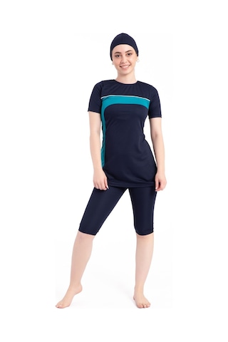 Kadın 667 Şeritli Kısa Kol Taytlı Tesettür Mayo Lacivert-yeşil Yeşil