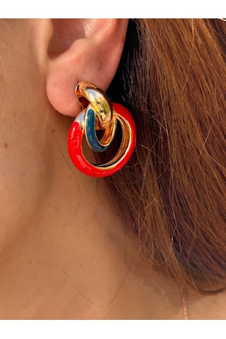 Bymerve Abiye Tasarım Halka Gold Tabaka Kırmızı 3,5cm Kadın Çelik Küpe Kırmızı