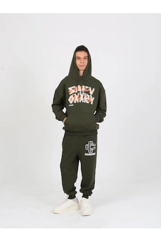Erkek Çocuk Yazı Detaylı 2 İplik Kapüşonlu Sweatshirt-15229 Haki