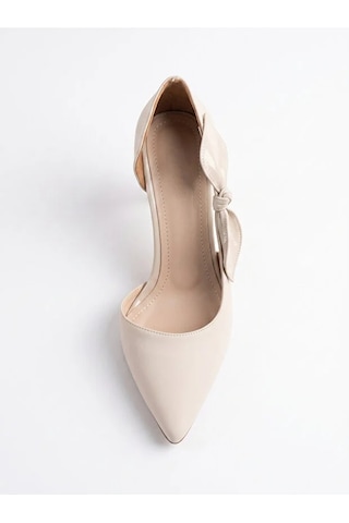 V.s.h Velvet Kadın Bej Saten Fiyonklu Sivri Burun 9 Cm İnce Topuklu Stiletto Abiye Ayakkabı-2454