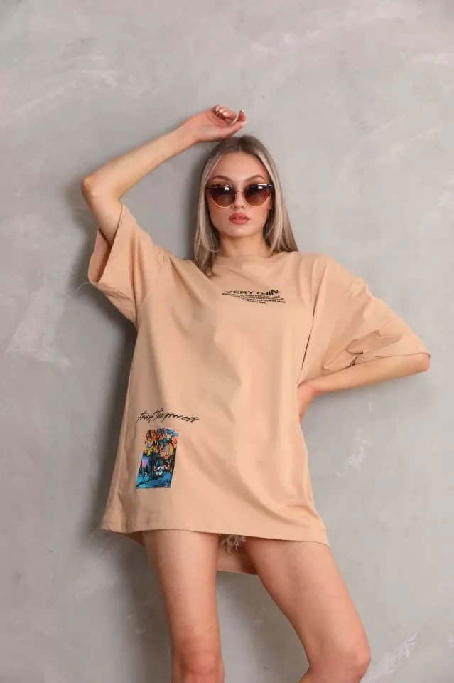 Mythrıva Unisex Bisiklet Yaka Baskılı Oversize T-shirt - Bej