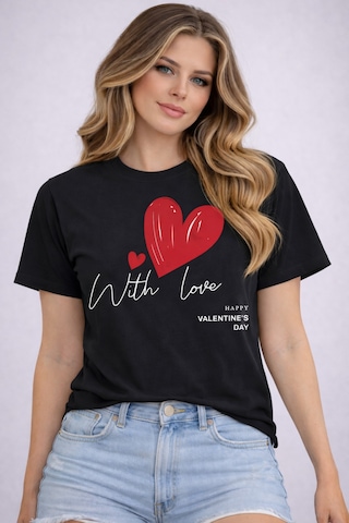 Herkesemoda White Love Baskı Detaylı Basic T-shirt Siyah