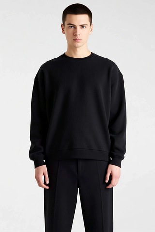 Benerly Erkek Bisiklet Yaka Standart Kol Oversize Waffle Dokuma Sweatshir siyah