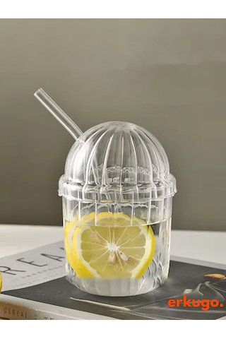 Cam Kapaklı Pipetli Borosilikat Sunum Bardağı, Isıya Dayanıklı Bardak, Kahve Bardağı 450 Ml Mocha