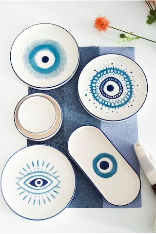 Kevin Seramik 14 Parça 6 Kişilik Nazar Boncuklu Stackable Kahvaltı Takımı&Lüx Sunum Tabakları Mavi Beyaz