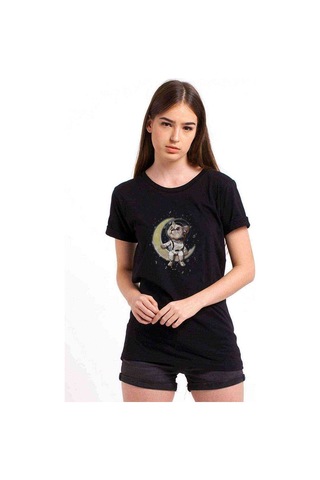 Cat Night Ayda Oturan Sevimli Kedi Baskılı Siyah Kadın Tshirt