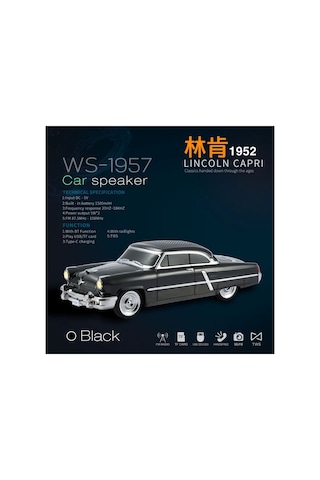 1952 Lincoln Capri Şarjlı Bluetooth Speaker Kablosuz Led Işıklı Hoparlör Fm Radyo Sd Kart Usb