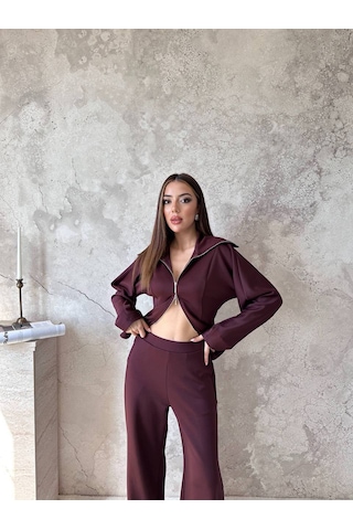 Hopıan Kadın Bordo Fermuarlı Yarasa Kol Crop Sweatshirt