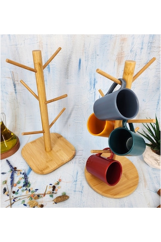 Ahşap Bambu Bardak Kupa Fincan Askılığı Askısı 6 Askılı 2 Adet