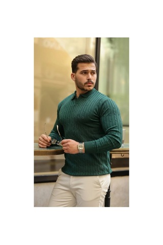 Butik İstanbul Erkek Saç Örgü Desen Uzun Kollu Triko Yeşil