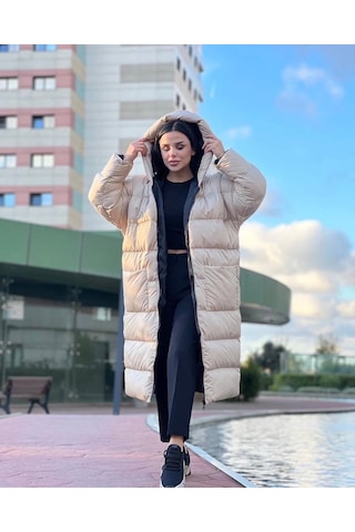 Oversize Uzun Şişme Mont Krem