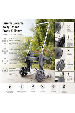Tekerlekli Hortum Makarası 50 Metre Kapasiteli 1/2" 12,5 Mm Ayarlanabilir Saplı Bahçe Hortum Sarma Arabası
