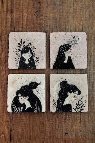 Yıldızlı Kadın Temalı Doğal Taş Bardak Altlığı - Stone Coasters Çok Renkli