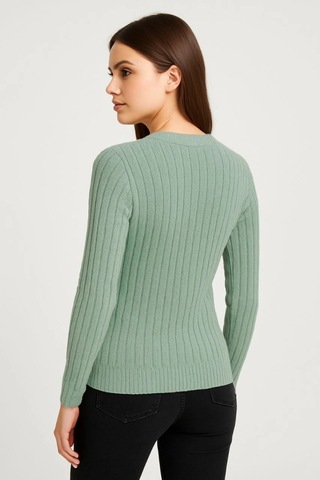 De'charme Erkek Bisiklet Yuvarlak Yaka Triko Kazak Pamuklu Kalın Fitilli Dokuma, Regular Fit Uzun Kollu Kışlık Model - Mint Yeşili