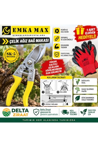 Emka Max Çelik Ağız Bağ Makası Sk-5 Profesyonel Budama Makası 1 Adet Eldiven