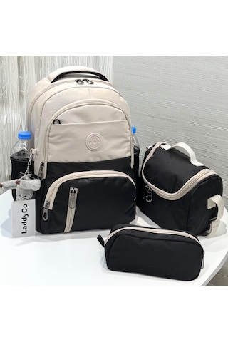 Suya Dayanıklı İlk Okul Çantası 3'lü Seti Unisex Çocuk İlkokul Çantası Ldc-8010 Bej-siyah Açık Bej