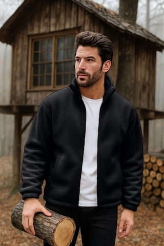 Ghassy Co. Erkek Pro Termal İç Dış Sherpa Sonbahar Kış Tam Fermuarlı Peluş Sweatshirt Siyah