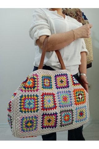 Embahandmde Renkli El Örgüsü Xl Plaj Çantası Astarlı Büyük Boho Tote Bag Yazlık Kadın Omuz Çantası Açık Bej