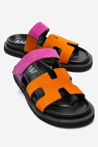 Luvishoes Luvi Shoes Morte Fuşya-turuncu Süet Hakiki Deri Kadın Terlik Fuşya - Turuncu