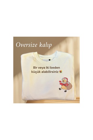 Feg Store Oversize Winnie The Pooh Baskılı İçi Polarlı Yumuşak Dokulu Sweatshirt Beyaz