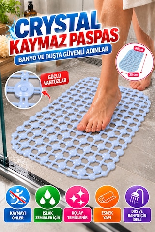 Crystal Kaymaz Vantuzlu Banyo Paspası Mavi 68x35 Cm Islak Zemin Kaydırmaz Küvet Duşakabin Pvc Matı