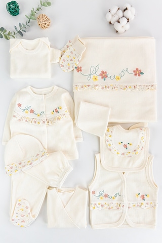 Çiçek Nakışlı Fırfırlı Pamuklu 10 Parça Kız Bebek Hastane Çıkışı Bebek Takımı Çok Renkli