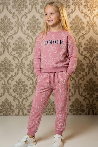 Breeze Kız Çocuk Eşofman Takımı Fiyonk Desenli Bağcık Aksesuarlı 4-8 Yaş, Pembe
