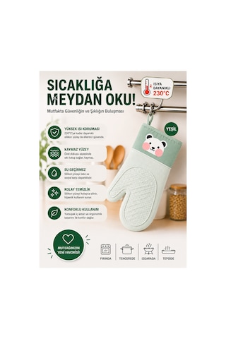 En Çok Tercih Edilen Sevimli Panda Desenli Silikon Mutfak Eldiveni,28,5 Cm,ısıya Dayanıklı, Kaymaz, Su Geçirmez Silikon Tutacak, Mutfak-fırın Eldiveni Yeşil