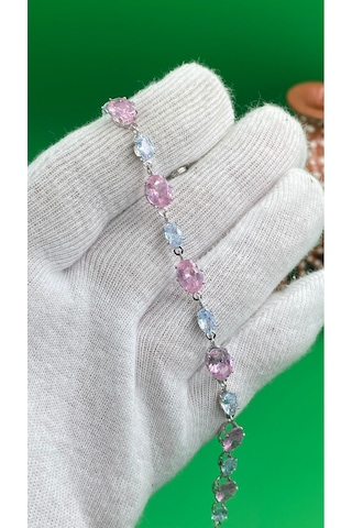 Kadın Gümüş Renk Renkli Zirkon Taşlı Çelik Bileklik Altın - Pembe