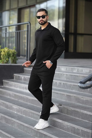 Mfz Giyim Petekli Alt Üst Pantolon Ve Patlı Yakalı Erkrk Sweat Takımı Siyah
