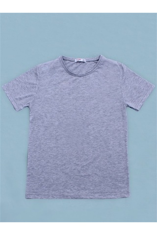 Basic Bisiklet Yaka %100 Pamuk Likralı Düz Unisex Çocuk T-shirt Gri