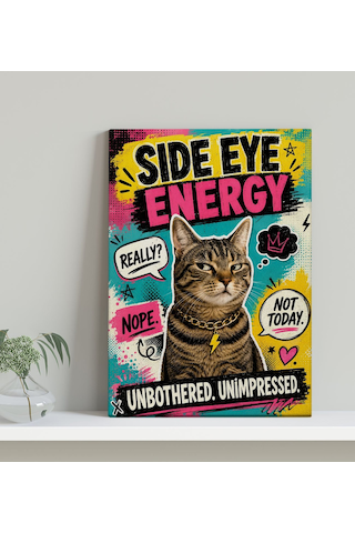 Bk Gift Side Eye Energy Yazılı Zincir Kolyeli Tekir Kedi Pop Art Renkli Kanvas Duvar Tablosu 50x70 Cm