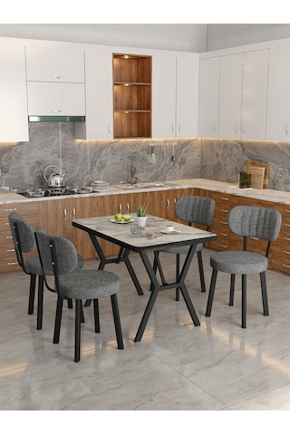 Azra 70x110cm Efes Mutfak Masası, Mutfak Masası Takımı, Yemek Masası, 4 Koyu Gri Sandalye Koyu Gri