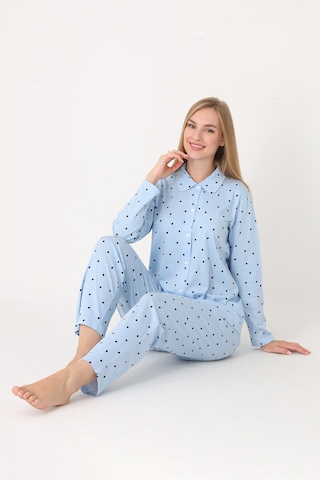 Nbb Kadın Mavi Polka Dot Önden Düğmeli Pijama Takım Mavi