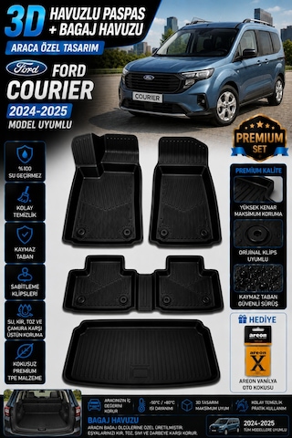 Ford Courier 2025 Model Uyumlu 3d Araca Özel Havuzlu Paspas+bagaj Havuzu Birebir Uyum