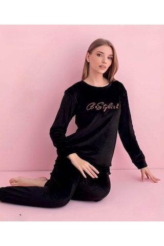 Pijamerry Kadın Kışlık Bisiklet Yaka Kadife Pijama Takımı 3051s - 1 Adet Siyah